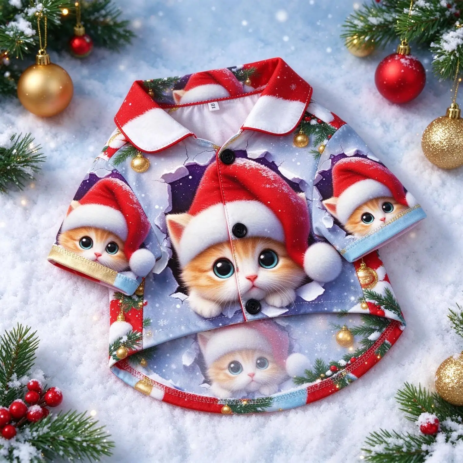Cat & Dog Christmas Shirt, Cute 3D Cartoon Xmas Animal Allover Print Lapel Party Casual Pet Apparel