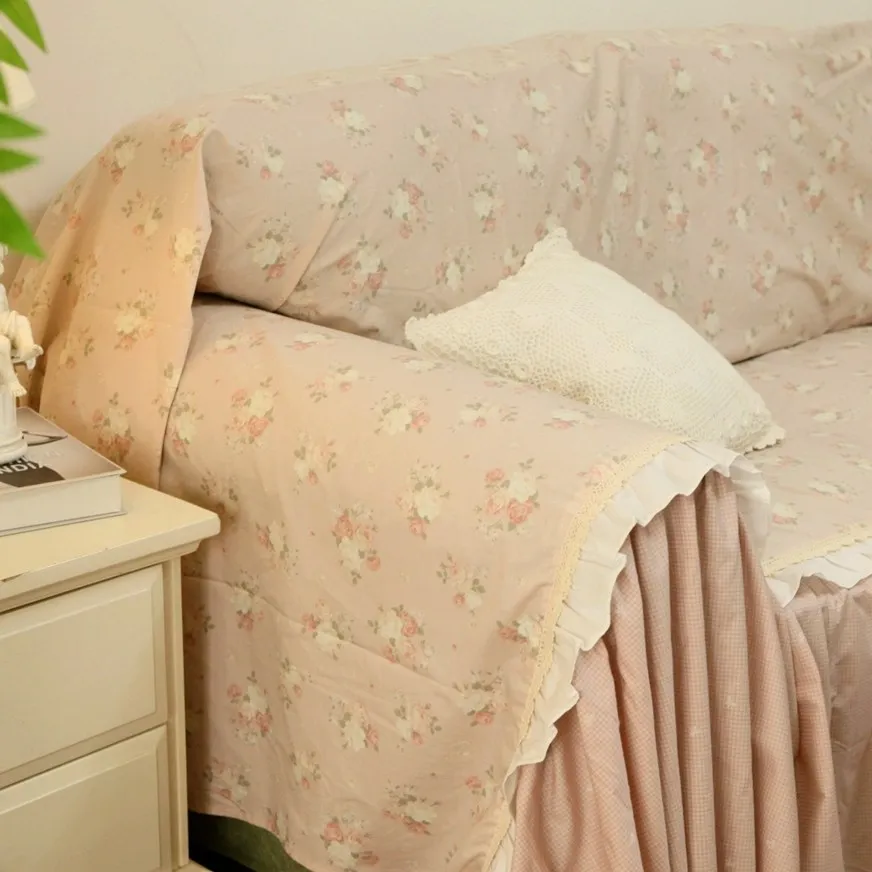 French Korean Retro Plaid Lace Cotton Sofa Towel 2 and 3 Seater Sofa Cover Ruffle Leaf Edge Whole Cover Extra Large Size
