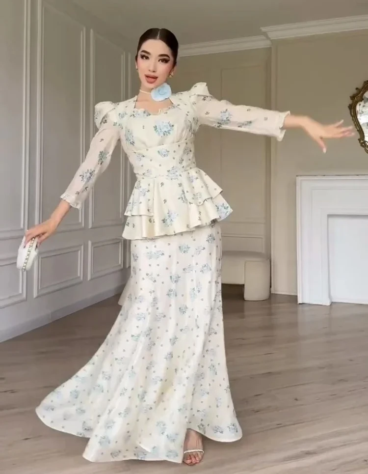 

Sweet Printed Slim Women 2 Pcs Suits Full Sleeve Waist Cinching Ruffles Tops High Waist Hip Package Long Skirts Office Lady Sets