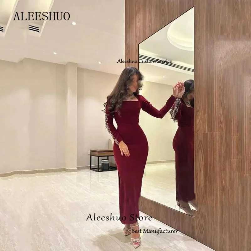 Aleeshuo-vestido de baile vermelho moderno, manga longa, brilhante, frisado, gola quadrada, vestido de noite, prata alta, formal