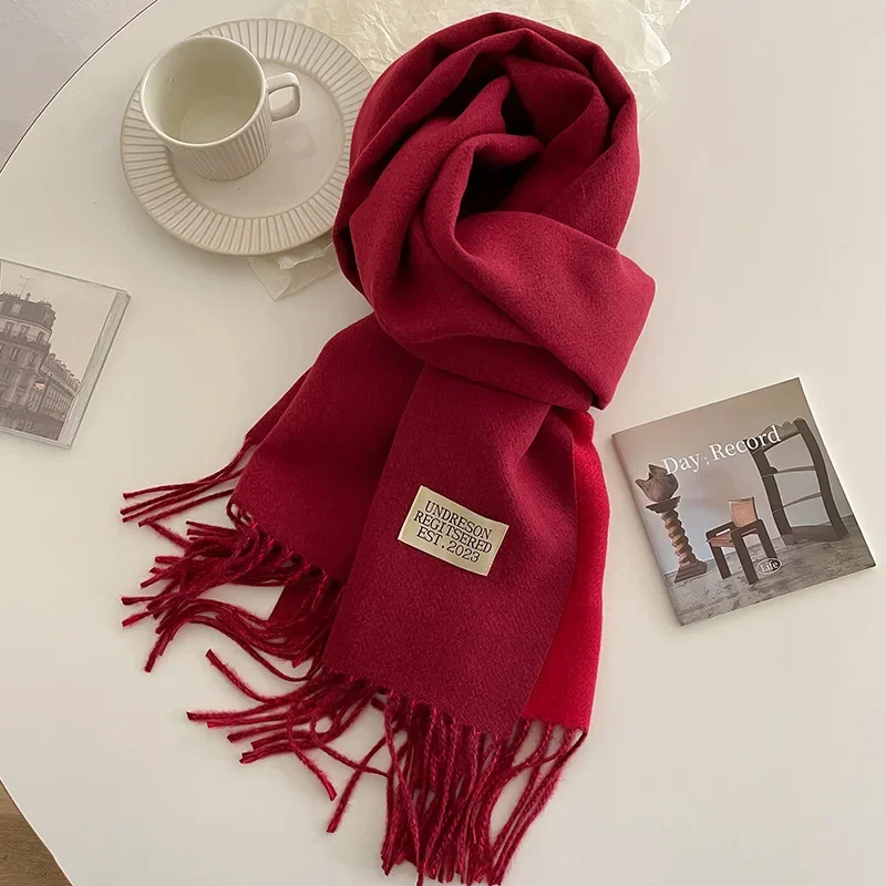 2024 Fashion Korean Style Solid Color Warm Winter Cashmere Scarf for Women Double Sided Neckerchief Knitted Wraps Female