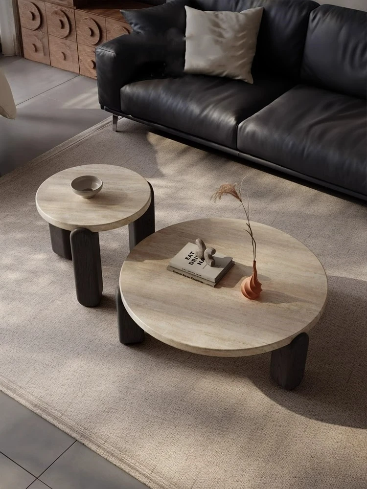 

minimalist, marble, round coffee table, living room, small apartment, household, simple, travertine, creative coffee table