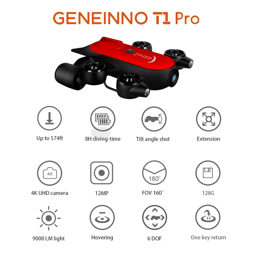 طائرة بدون طيار G GENEINNO T1 Pro تحت الماء ROV: كاميرا 4K UHD، الجري 8H، لقطة عن بعد، 128G، فرعية بدون طيار للغوص والصيد