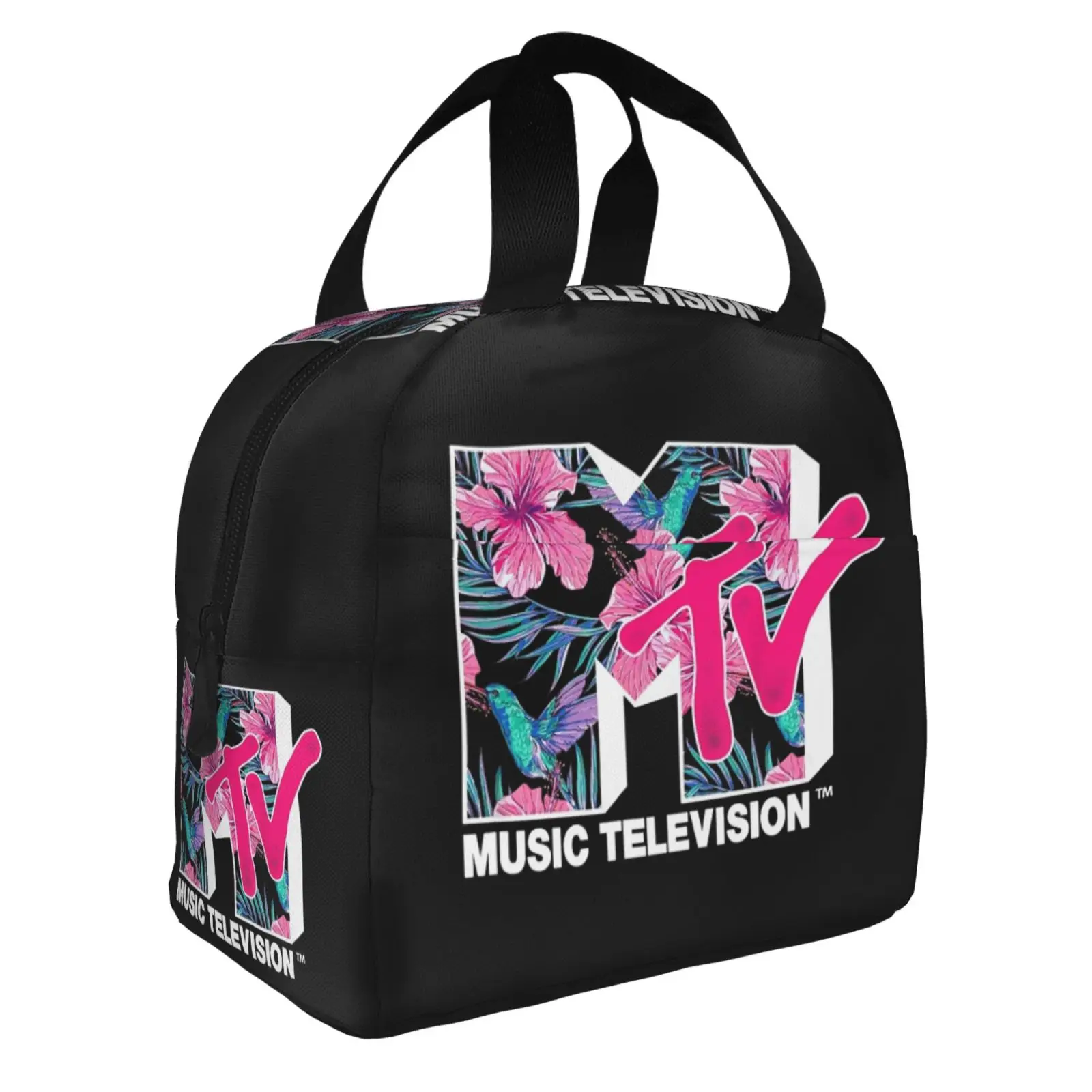 MTV Hummingbird Tropical Flower Logo Lunch Tote Bag Insulated Leakproof Lunch Box Container with Front Pocket for Girls Boys