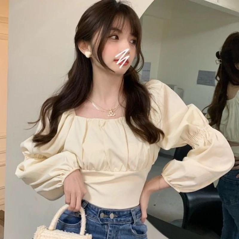 Puff Sleeve Blouses Women Solid Bandage Ulzzang Square Collar Crop Tops Simple Cozy Spring Sweet Casual All-match Students Chic