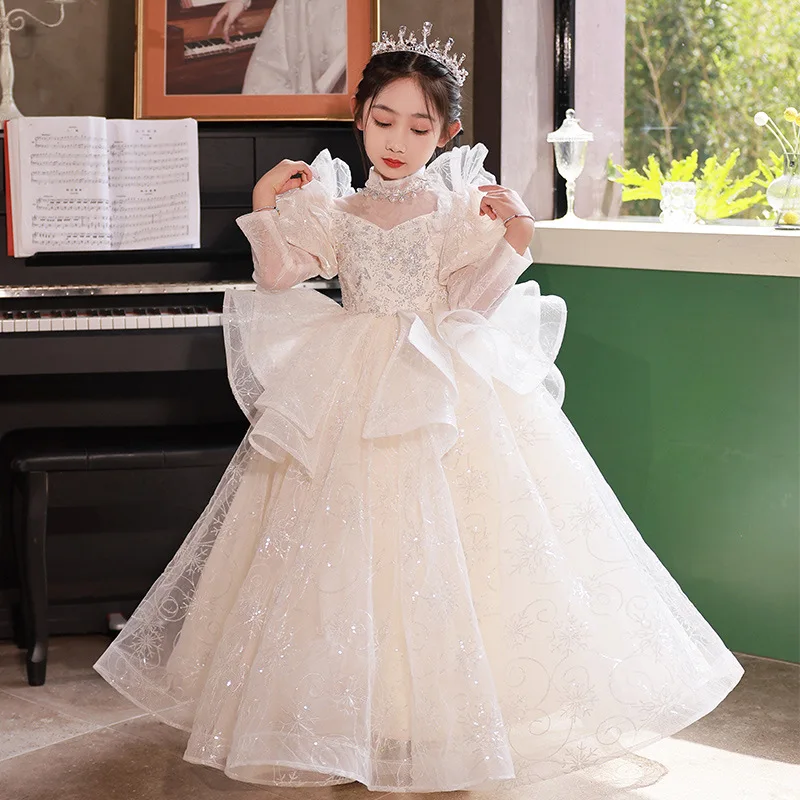 Elegant Girls Piano Performance Luxury Princess Dress Runway Show High end Costumes Wedding Banquet Flower Kids Fashion Dresses