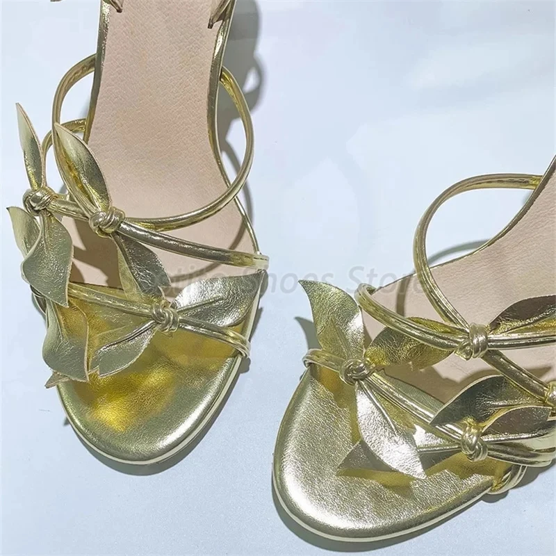 Gold Leaves Thin High Heel Women Sandals Fashion Knot Back Strap Stiletto Heels Elegant Ladies Partybanquet Wedding Dress Shoes