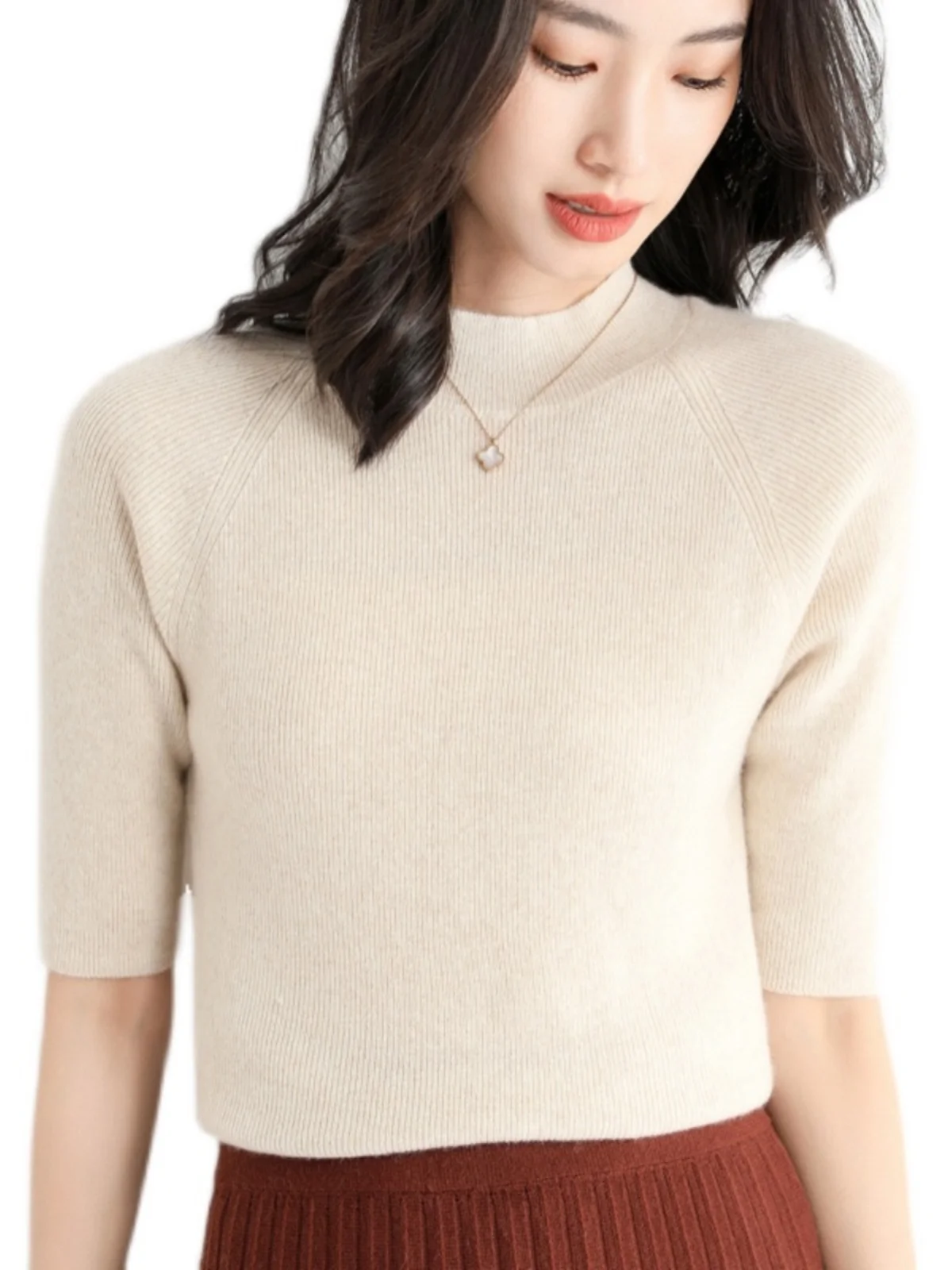 春の反季節ウールニットトップス レディース ラウンドネック スリムフィット カメレオン ファイブクォーター スリーブ ハイカラー