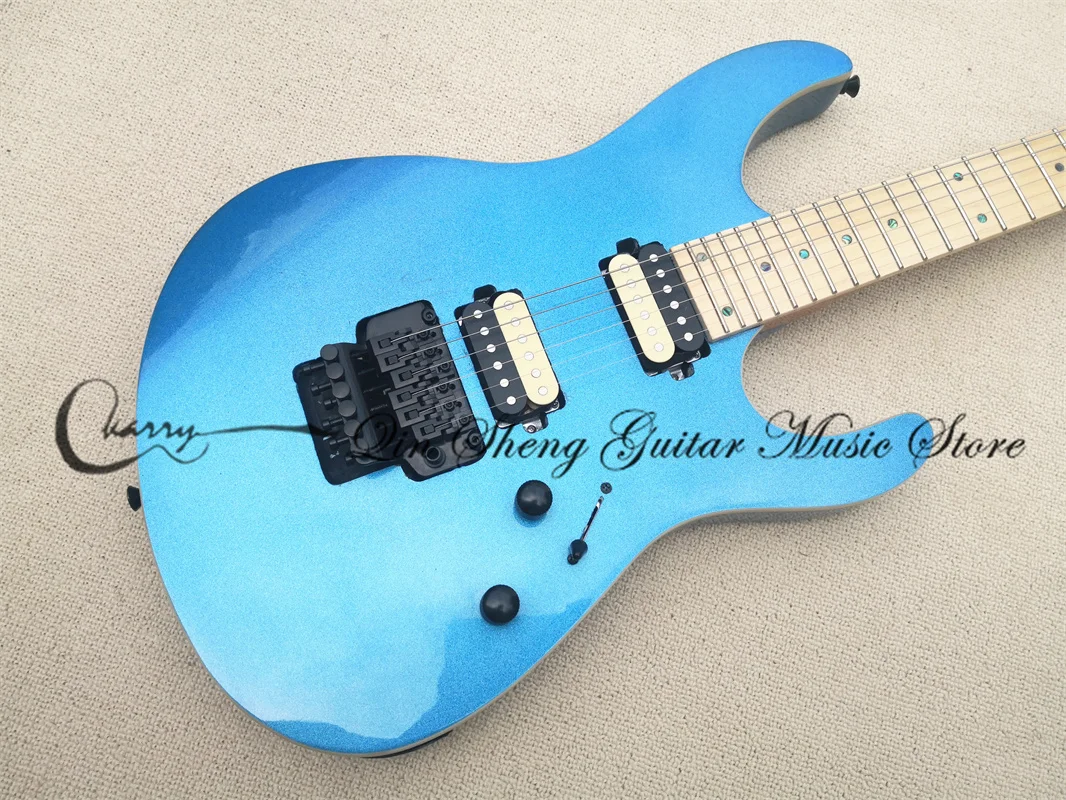 6 string electric guitar, suh guitar metallic blue body, mahogany body and head, colorful shell inlay