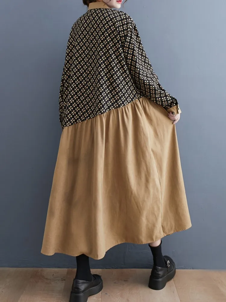 Robe chemise longue à carreaux pour femmes, surdimensionnée, Patchwork, mode dames, ample, manches longues, automne