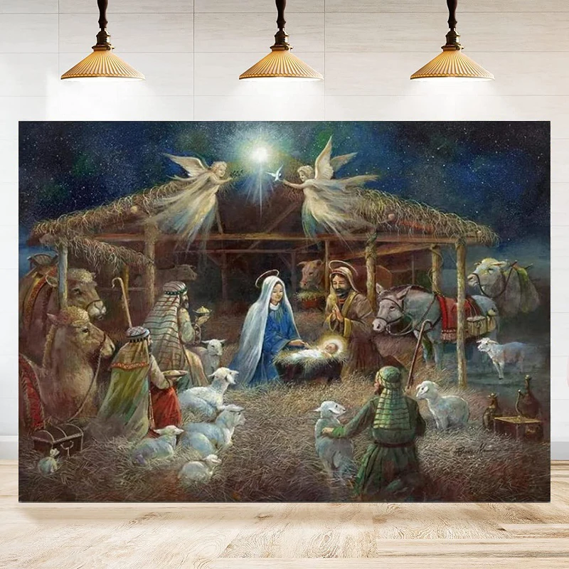 Jesus Nativity Photography Backdrop Religious Christmas Manger Wall Art Background Decor Banner