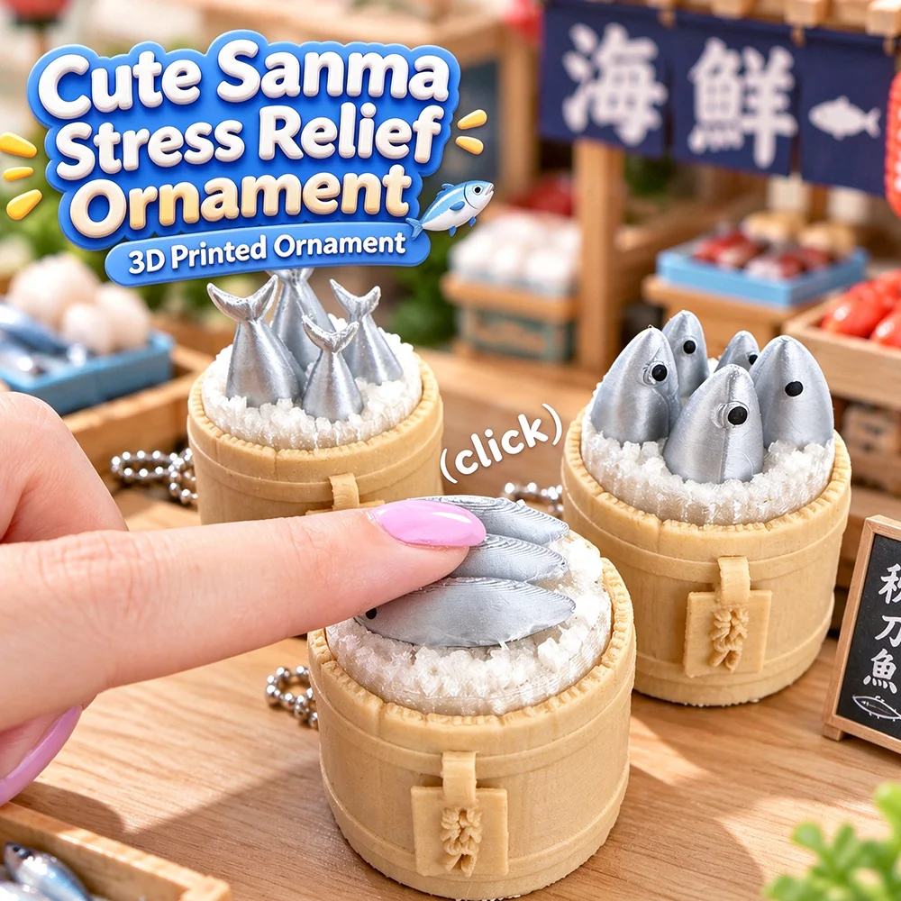 1PC, 3pcs/set 3D Printed Cute Pacific Saury Stress Relief Ornament Relief Clicker Bag Charm Keyring Christmas Gift Miniature