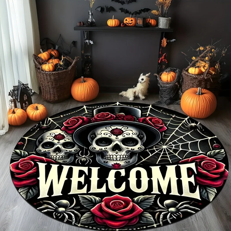 Sugar Skull Rose Welcome Halloween Round Rug, Spider Web Printed Circular Floor Carpet, Spooky Indoor Home Decoration