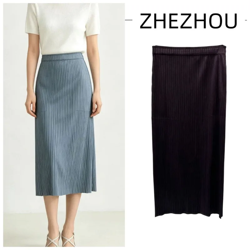 Miyake Pleated Solid Color Skirt 2026 Summer New High Waist Mid-Length Jupe Drape Elastic Slim Straight Elegant Pleats Skirt