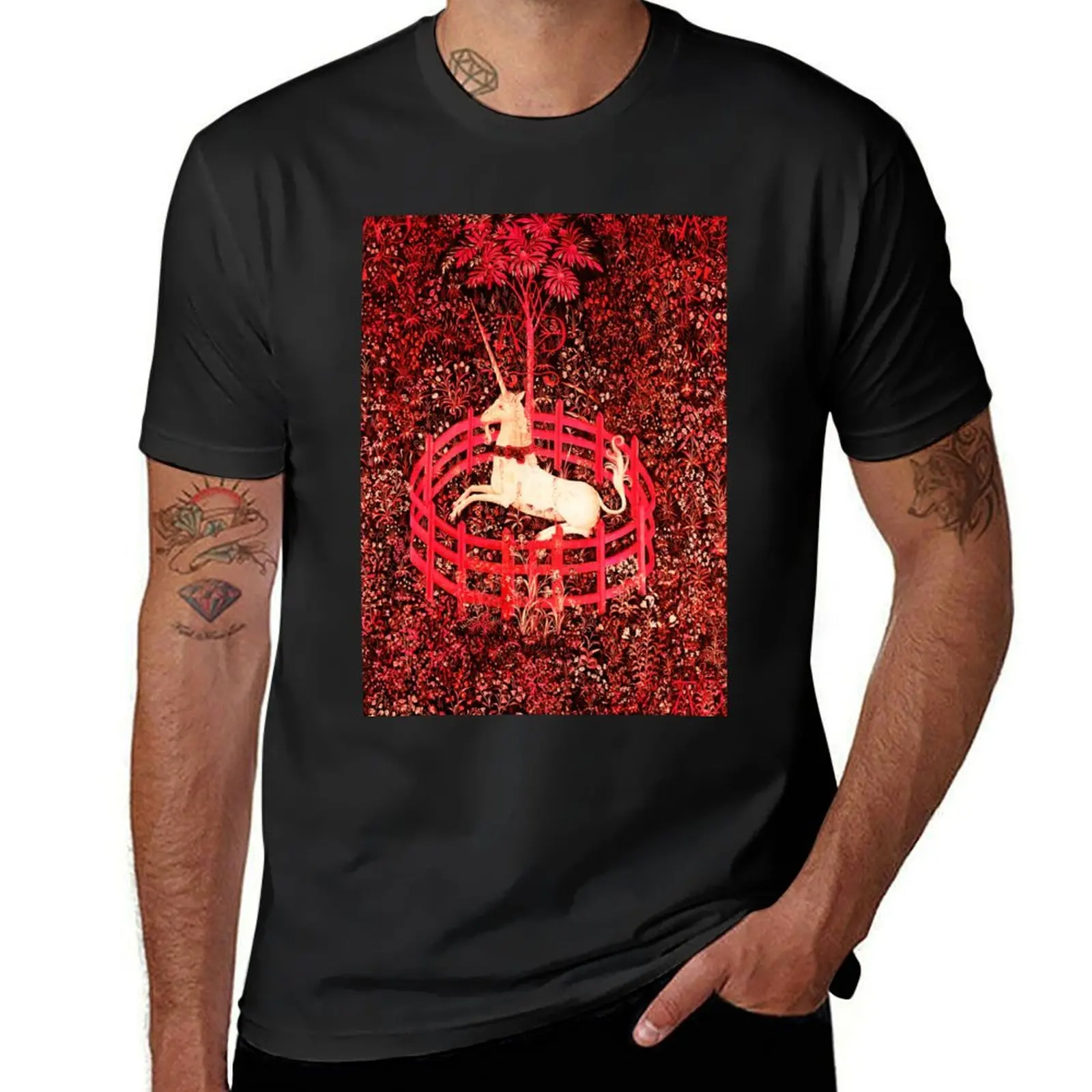 UNICORN AND GOTHIC FANTASY FLOWERS, RED FLORAL MOTIFS T-Shirt graphics plus size tops Blouse Men's t shirts
