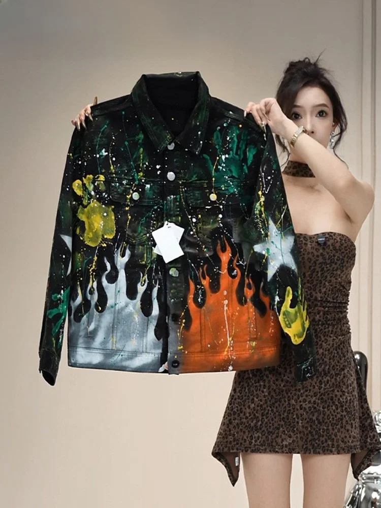 

Faionable Slim Fit Men's Denim Jaet Autumn Winter New Sle Painted Flame fiti Personali Luxury Trendy Zipper Closu...