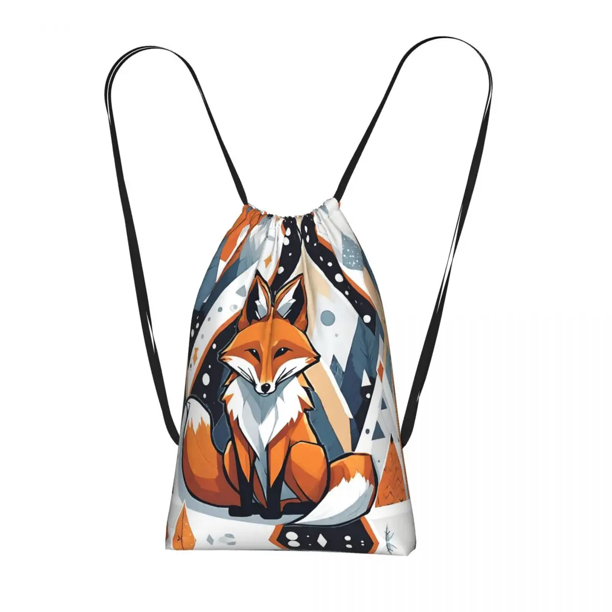 Smiling Geometric Fox Drawstring Backpack hiking cycling Bag Lightweight Foldable Storage Drawstring Bag for Men Women