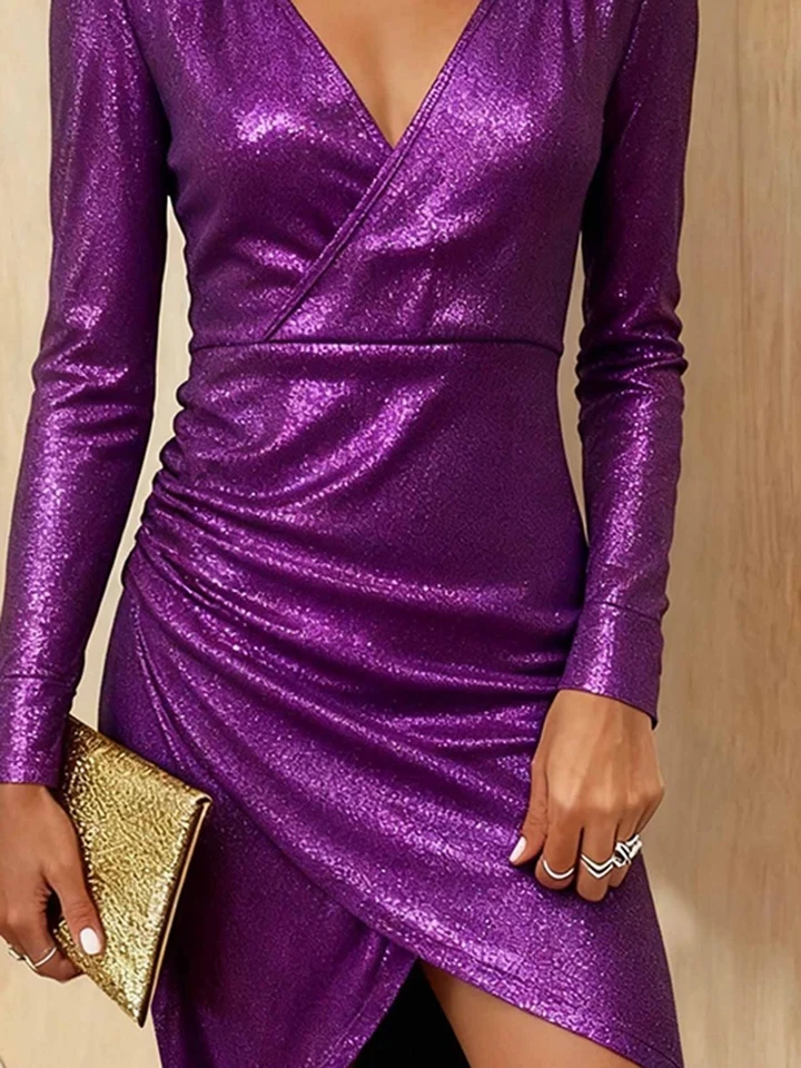

Elegant Long Sleeve High Waist Party Mini Dress Sexy Simple Irregular Pleated Dresses Fashion Shiny V-neck Christmas Short Dress