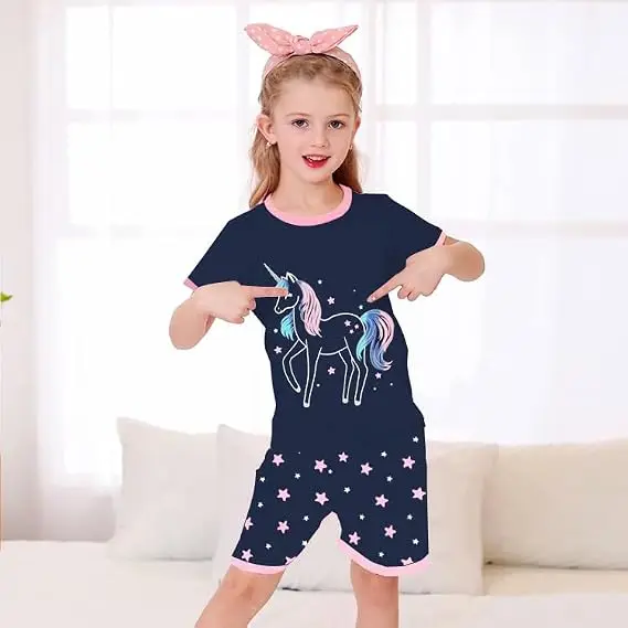 Little Hand Kids Printed Pyjamas Soft Short Sleeve Night Clothes Unicorn Pattern Summer Loungewear Set For 2-7Y Girls