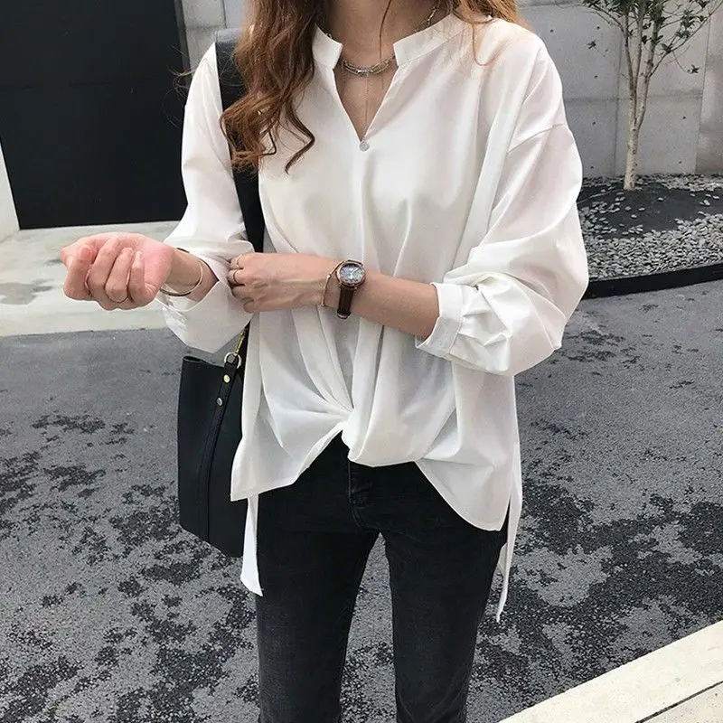 

Chic Chiffon Long Sleeve Shirt Spring Autumn Solid Color Streetwear Loose Stylish Folds Female Elegant V-Neck Basic Midi Blouse