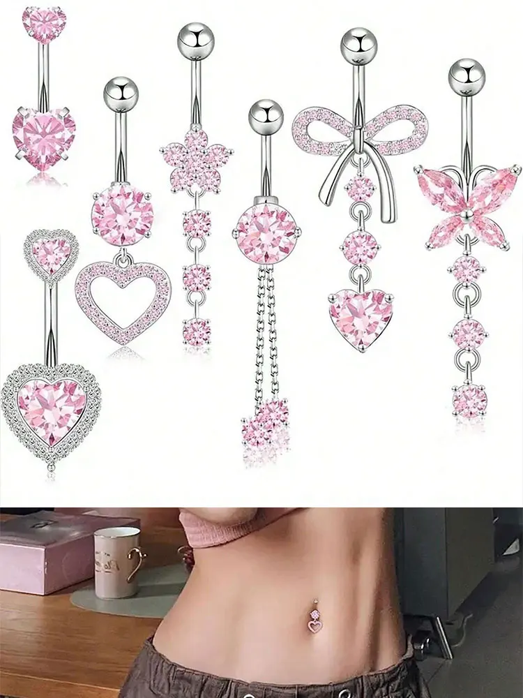 

Stainless Steel Navel Piercing Ombligo 14G Pink Heart Belly Button Rings Zircon Butterfly Dangle Belly Ring Women Navel piercing