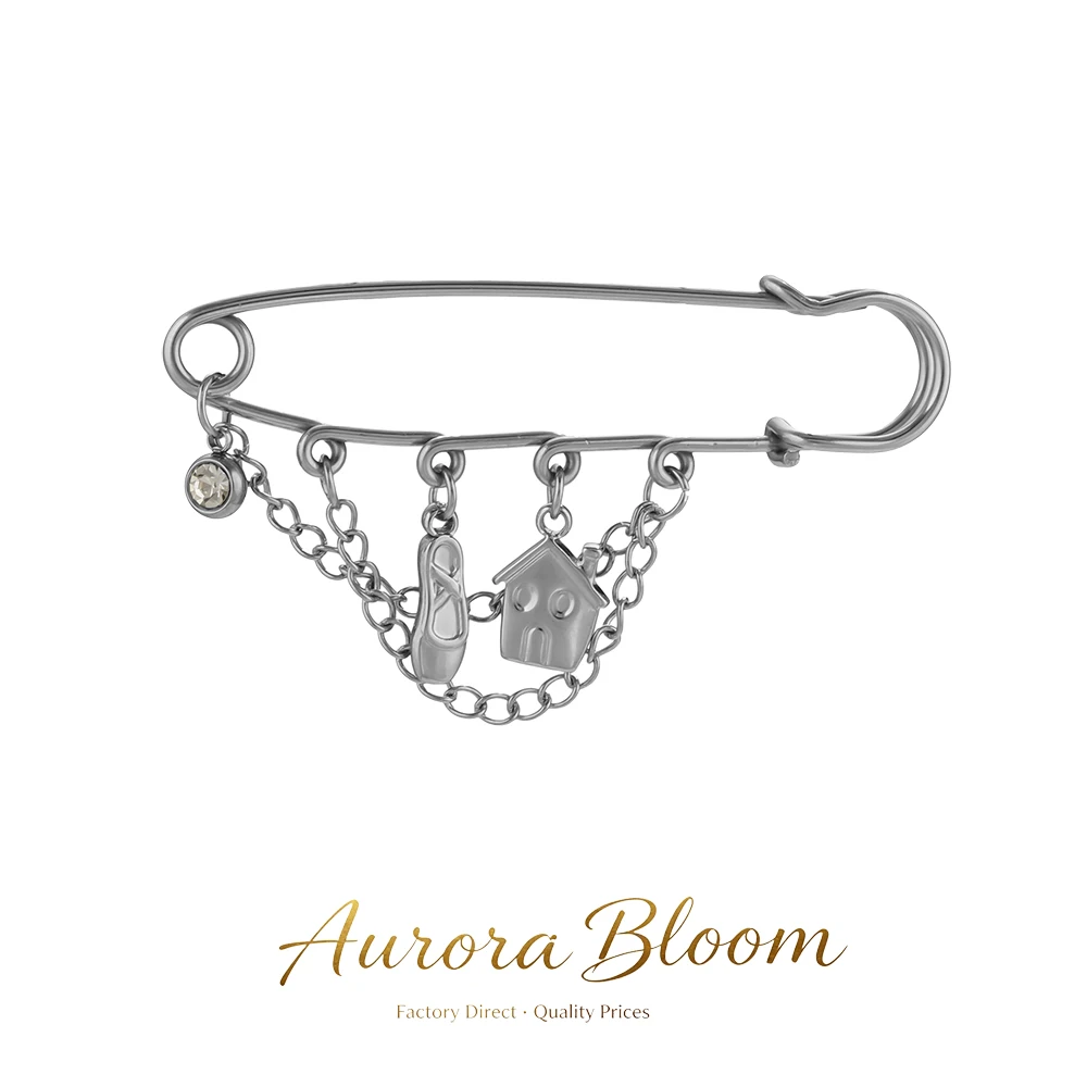 1 unidad de broche con forma de alfiler de seguridad de acero inoxidable, impermeable, de estilo vintage, con motivos de casas y zapatos, cadena de cristales y borlas, para mujer, joya de moda.