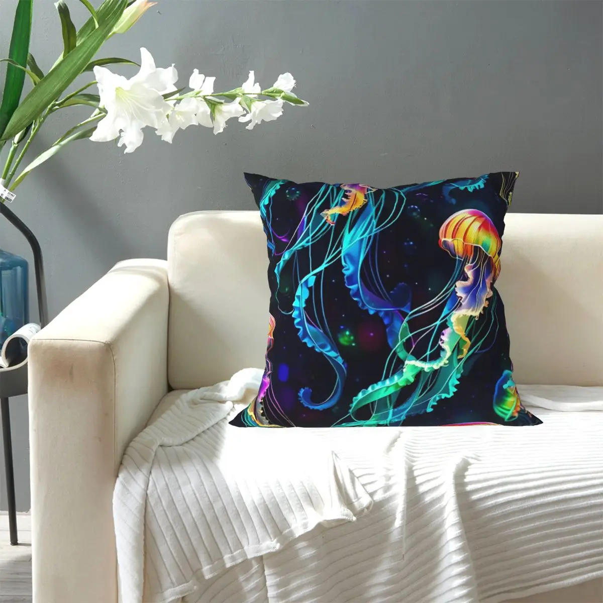 Psychedelic Bioluminescent Trippy Jellyfish Square Pillowcase Pillow Cover Cushion Decor Comfort Throw Pillow for Home Sofa