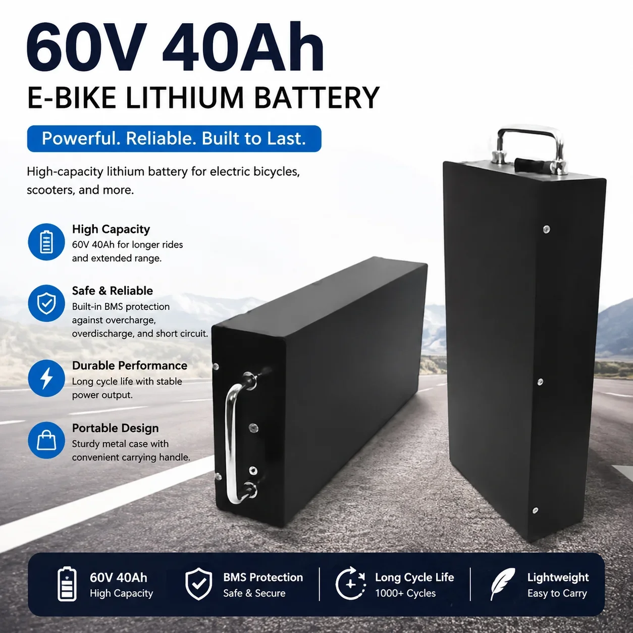Pacco batteria al litio da 60 V e 40 Ah per moto elettrica, motore ad alta potenza da 2000 W, adatto per scooter elettrici pieghevoli tipo Citycoco e Harley Davidson, con caricabatterie in omaggio.