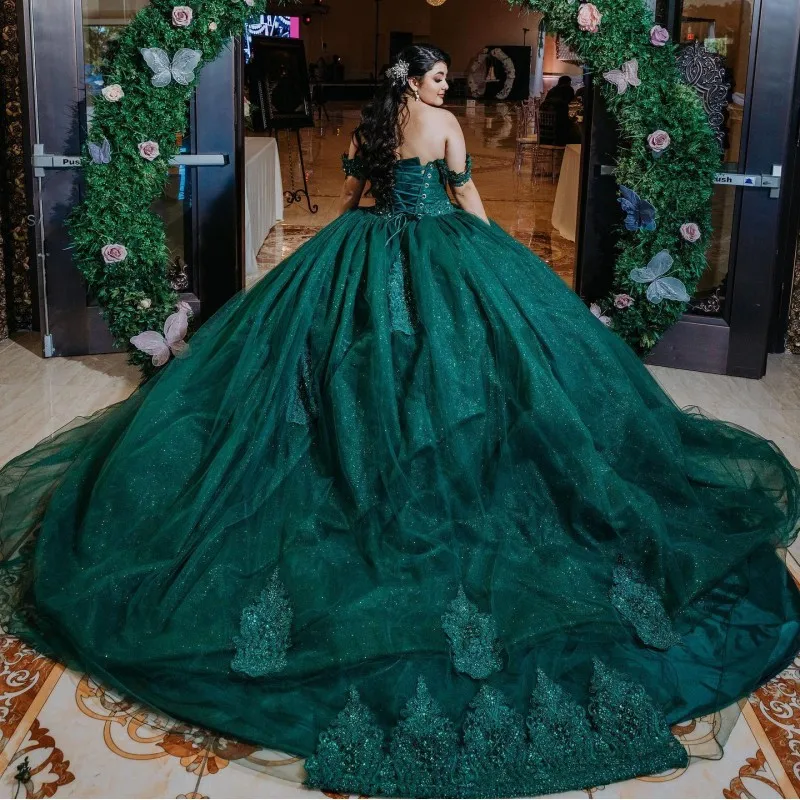 

Lorencia Emerald Green Shiny Off the Shoulder Beaded Appliques Lace Ball Gown Quinceanera Dresses Vestidos De 15 Años YQD3