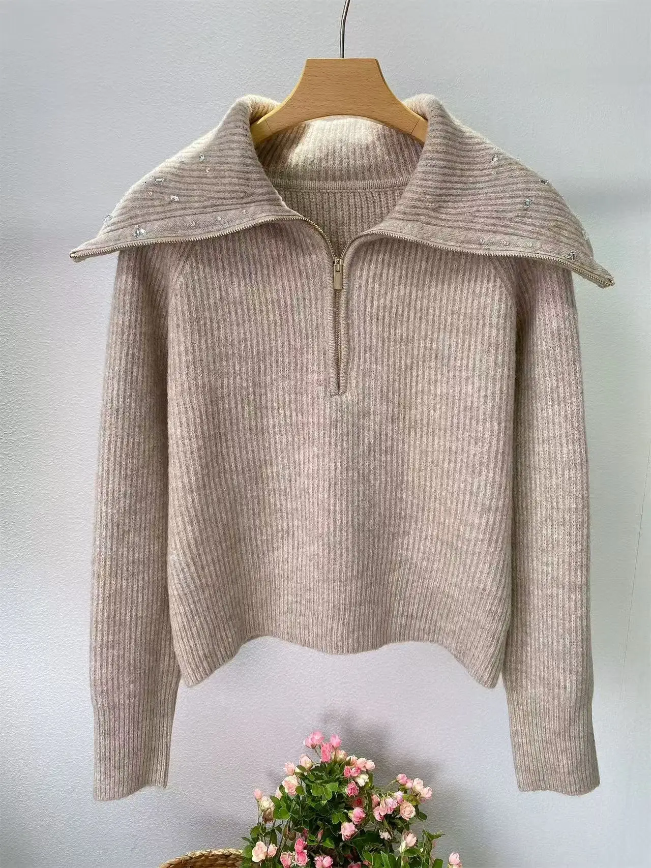 

Осень-зима, новый повседневный свитер на молнии, пуловеры для женщин, вязаные топы с длинными рукавами и бриллиантовым матросским воротником, женские