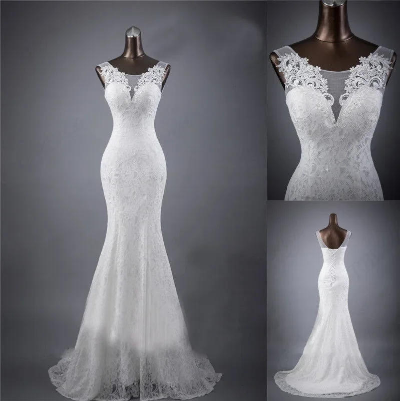 Women's Wedding Dresses Fall New White Lace Fishtail Bridal Wedding Dress Skinny Two-shoulder Trailing Gowns