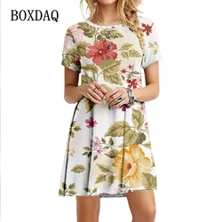 Dresses For Women 2022 New Summer Short Sleeve Plant Flowers Loose Dress Casual Floral Printed A-Line Dress Oversized Clothing