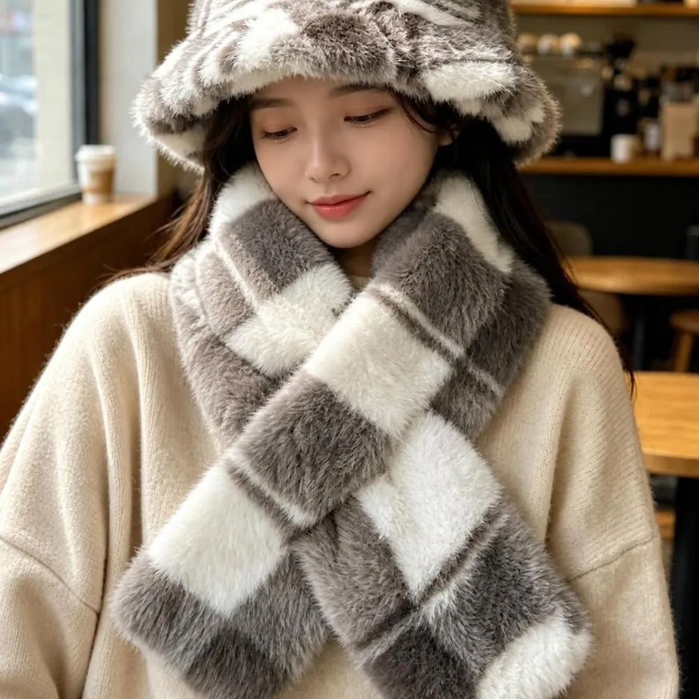 New Faux Fur Winter Scarf Hat Soft Warm Mink Wool Scarf Plaid Fluffy Bucket Hat Women