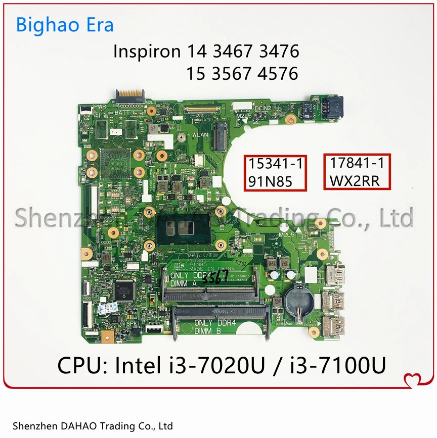 15341-1 17841-1 For Dell 3467 3476 15 3567 3576 Laptop Motherboard With Intel i3-6006U i5-7200U i7-8550U CPU UMA DDR4 CN-0RY2Y1