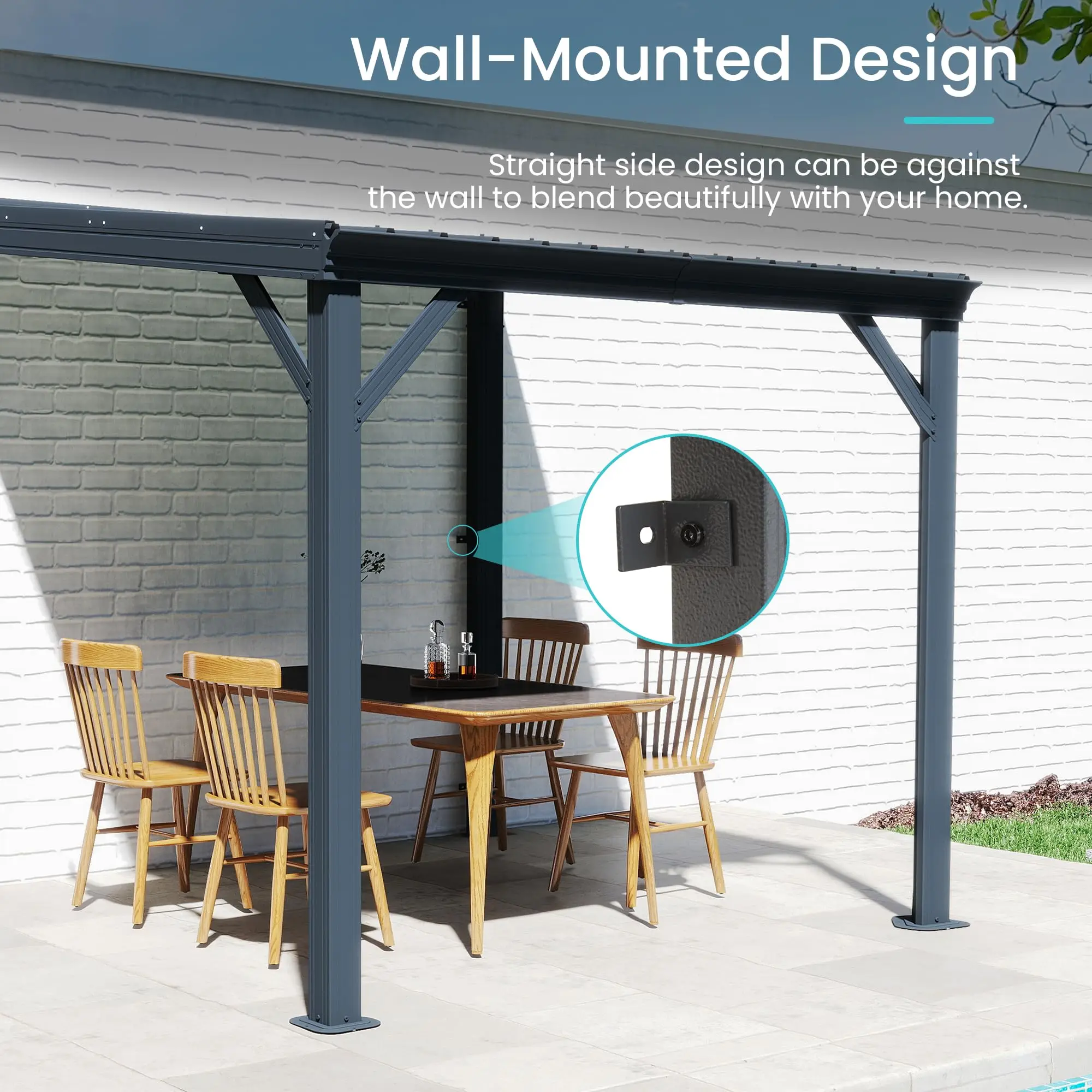 Wall Mounted Heavy Duty Wall Mounted Sloped Pergola Gazebo Integrated Built In Drainage System Waterproof Protective Canopy