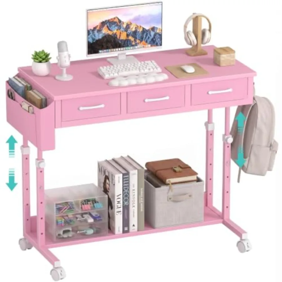 Rolling Desk with Drawers for Home Office Use, Steel Frame in Rose Gold, Height Adjustable 40, Smooth Casters and Spacious Stor