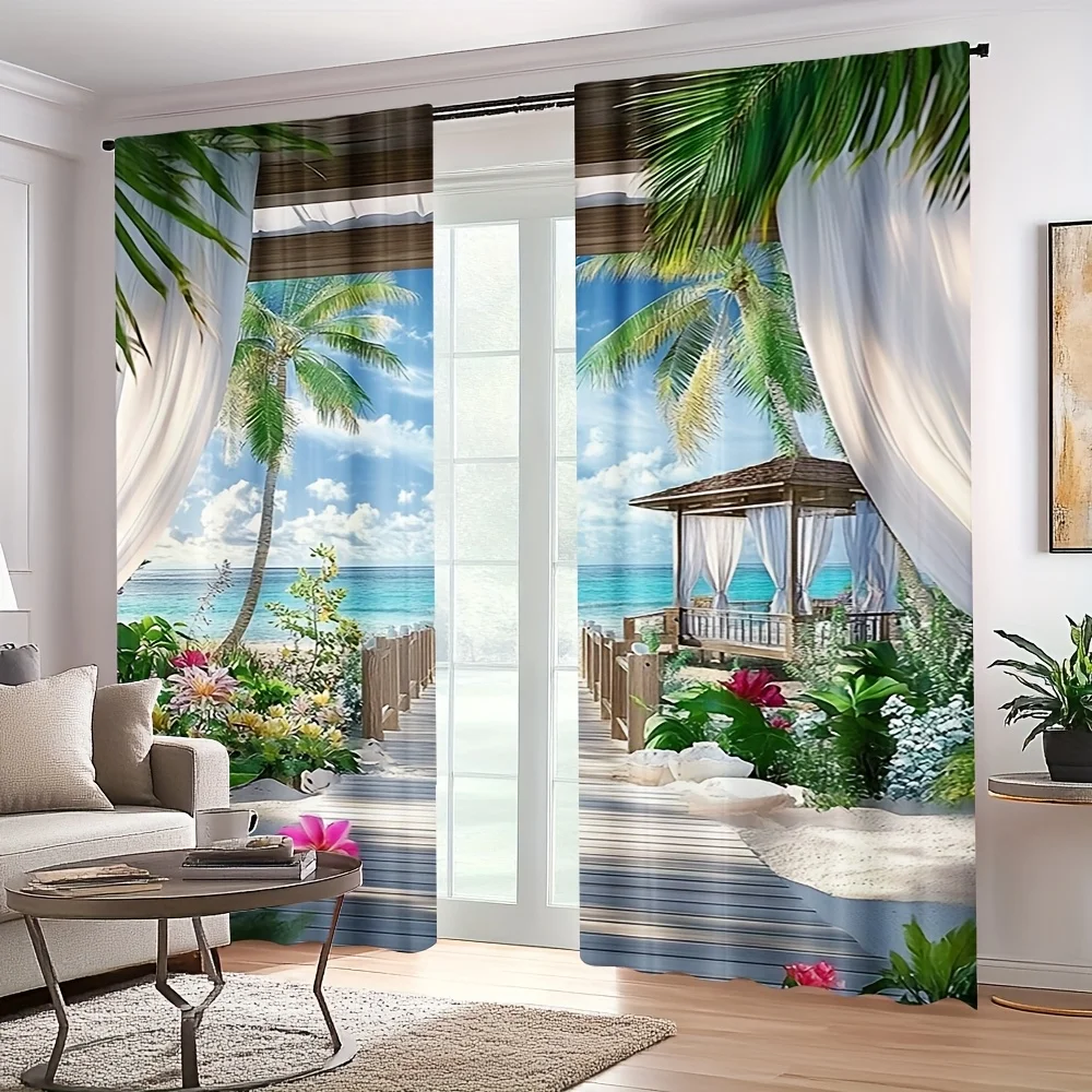 2PCS Tropical Beach Blackout Curtains, Seaside View Polyester Drapes for Living Room, Bedroom, Office - Modern Coastal Decor