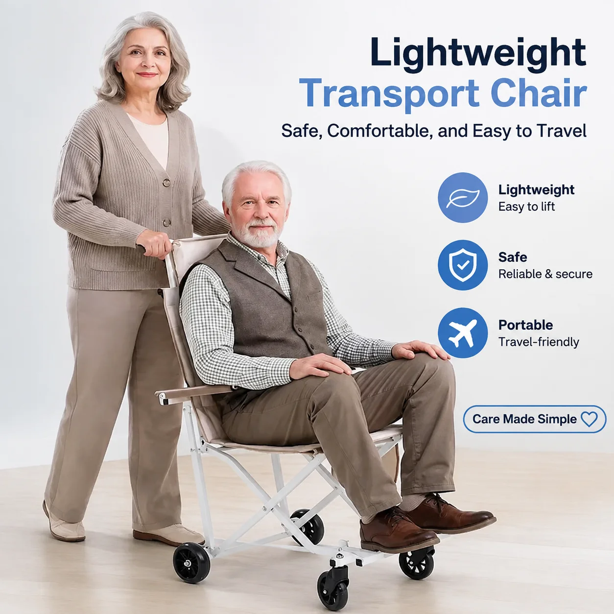 Folding Wheeled Mobility Aid Chair Travel Stroller Trolley for Elderly Portable Lightweight Push Walker Cart Carrier Outdoor Us
