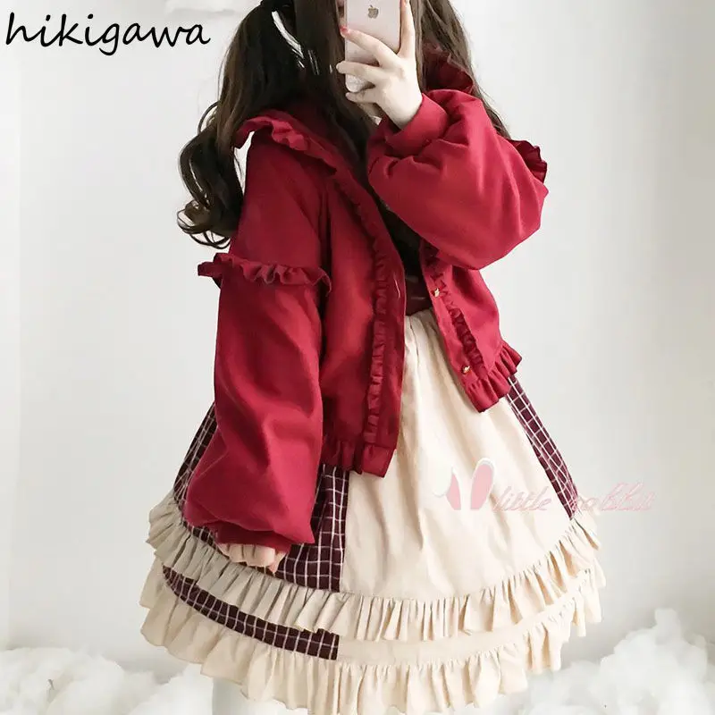 Lolita Woman Jacket Japanese Hooded Ruffles Kawaii Coat Vintage Winter Tops Thicked Warm Short Coats 2023 Fashion Woman Jackets