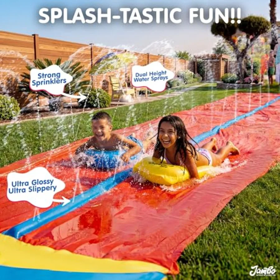 Backyard outdoor water fun for kids: extra-long 31.5 ft water slide with 2 bodyboards, heavy-duty slip splash design, inflatabl