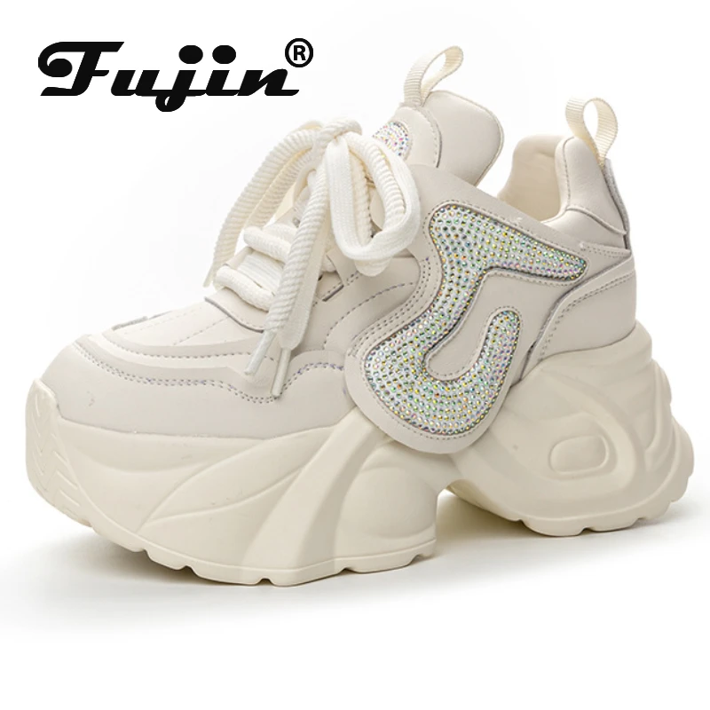 Fujin 7Cm Nieuwe Echt Lederen Plateauwig Dames Lente Herfst Dikke Sneakers Mode Laarzen Blig Vulkaniseren Goed Passende Schoenen