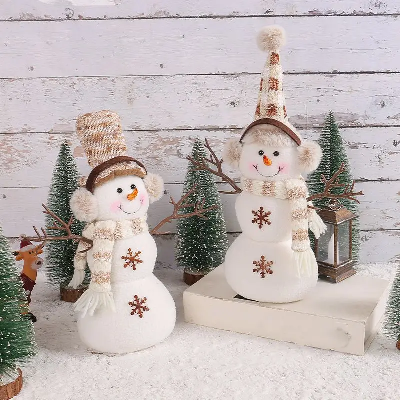 Beige Knit Hat Scarf Snowman Figurine Plush Ornament Winter Snowflake Branch Hand Christmas Tabletop Holiday Decoration Gift
