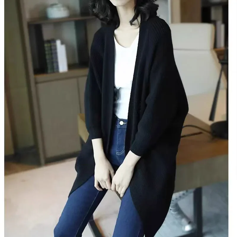

Женский винтажный свободный повседневный вязаный кардиган, осенне-зимний модный простой однотонный свитер среднего и длинного стиля, пальто