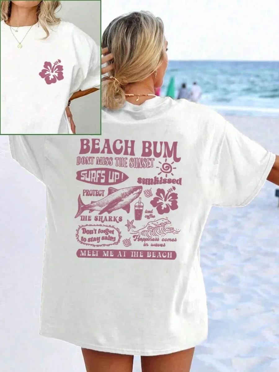 

Plus - Size Creative Text Graphic Print, Short-sleeved T-shirt, Soft and Comfortable Fabric, Trendy Resort Style