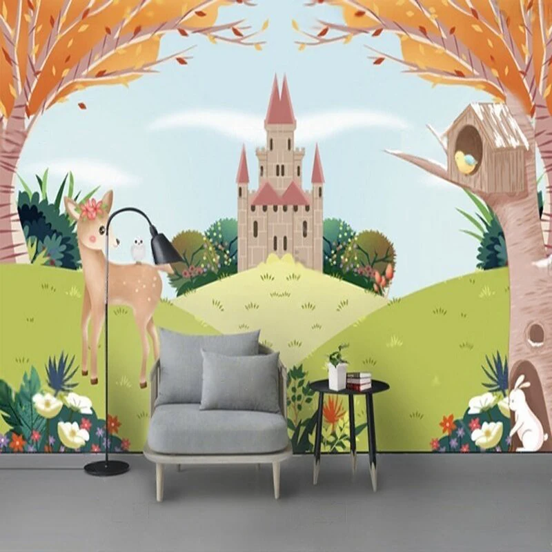 Modern cartoon castle garden deer branches birds TV bedroom luxurious home decoration background wall