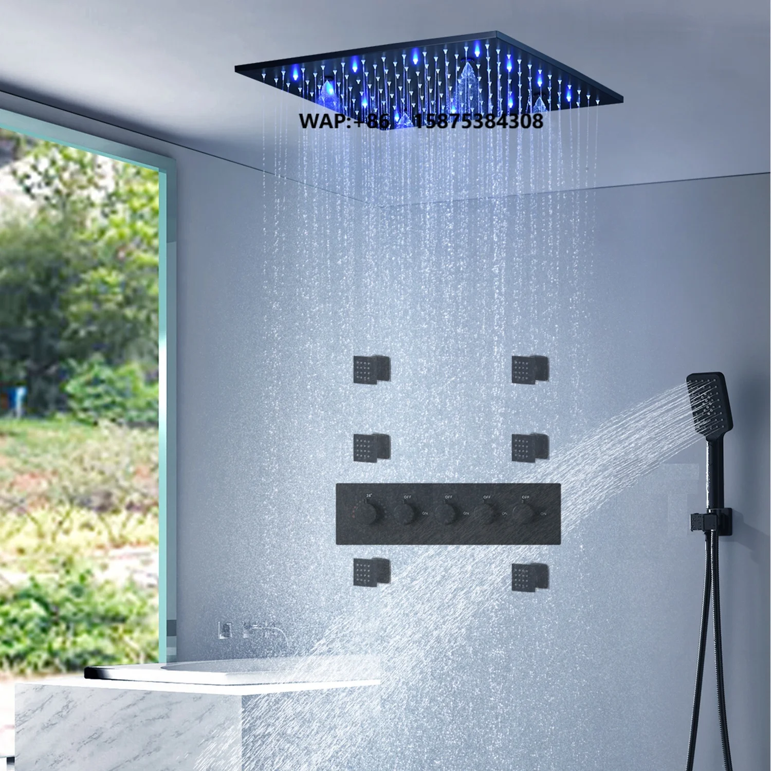 Bathroom Accessories Matt Black Massage Rain LED Shower Panel Bath Rain Shower Head Faucet Set Thermostatic Mixer Body Jets