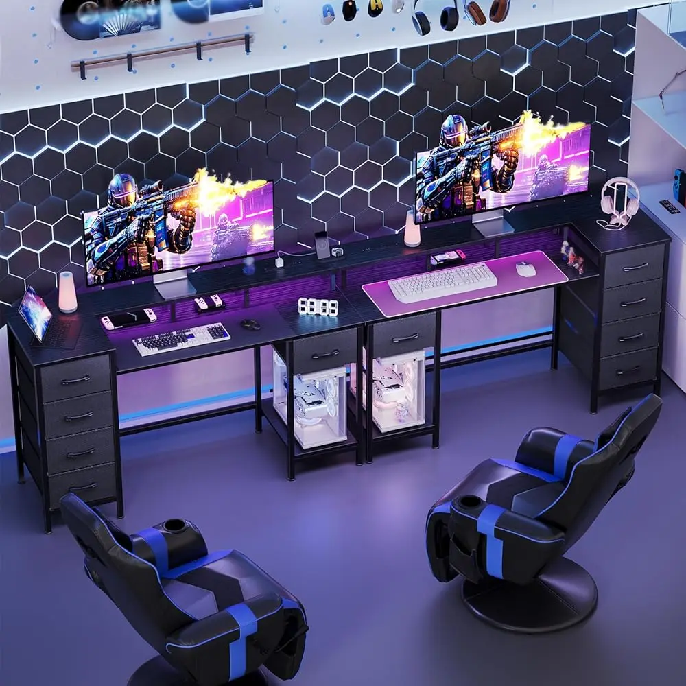 47 H Computer Gaming Desk With Power Outlets & Led Lights Reversible Home Office Desk With Adjustable 5 Fabric Storage Drawers
