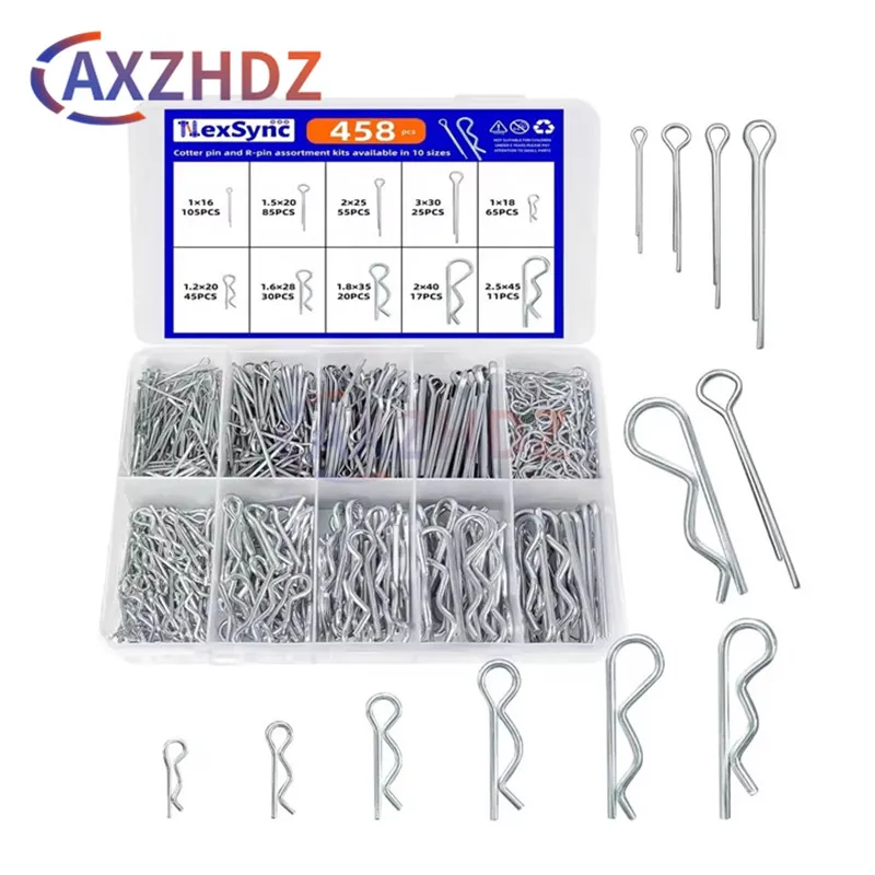 458pcs Cotter pins Assortment kit, Zinc Plated Steel Cotter Pin Hair Pin Hitch Pin Cotter Fastener Fitting Assortment kit, Multi