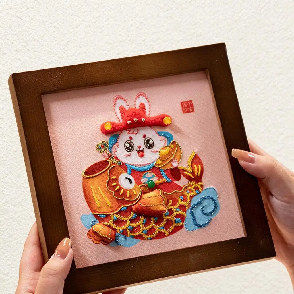 Diy Hand Embroidery Kit Cute Lucky Rabbit Koi Framed Picture Home Table Decor Chinese New Year Holiday Gift With Or Without Hoop