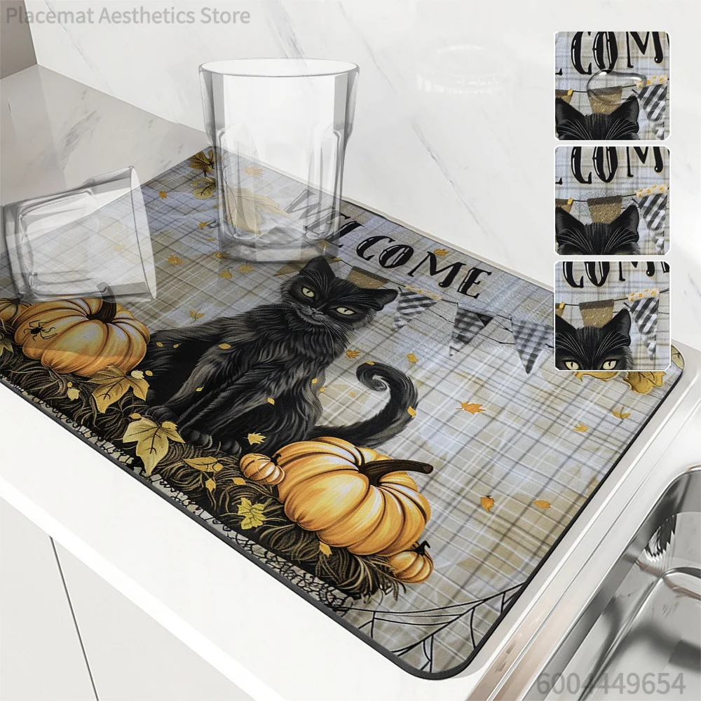 Halloween Black Cat Pumpkin Print Super Absorbent Drying Mat Waterproof Kitchen Counter Coffee Maker Drain Pad Decor Placemat